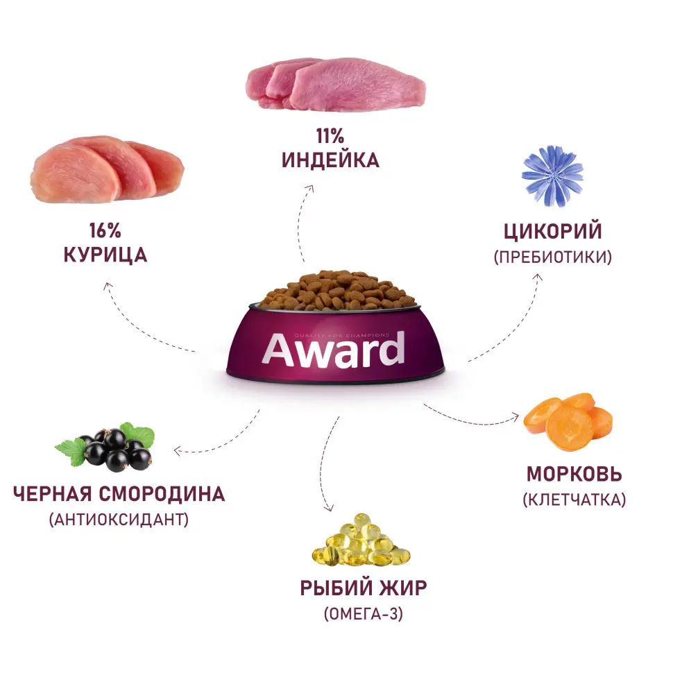 Award сухой корм для взрослых собак средних пород, с индейкой, курицей, морковью и черной смородиной - 2 кг в интернет-зоомагазине Pets Room