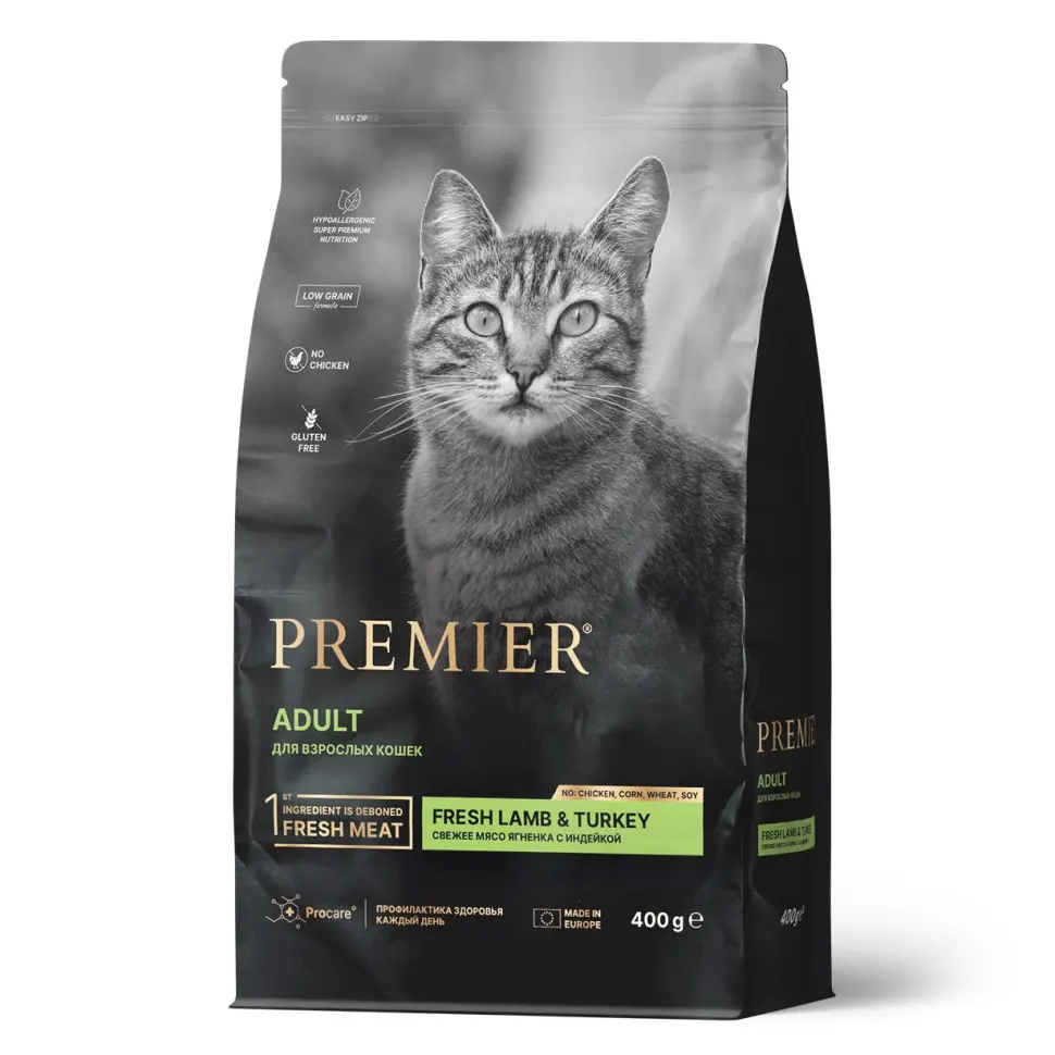 Premier cat lamb & turkey adult сухой корм для взрослых кошек, свежее мясо ягненка с индейкой - 400 г в интернет-зоомагазине Pets Room