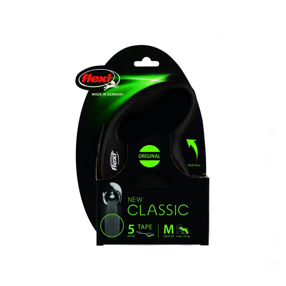 Поводок-рулетка flexi new classic m длиной 5 м для собак до 25 кг лента чёрная в интернет-зоомагазине Pets Room
