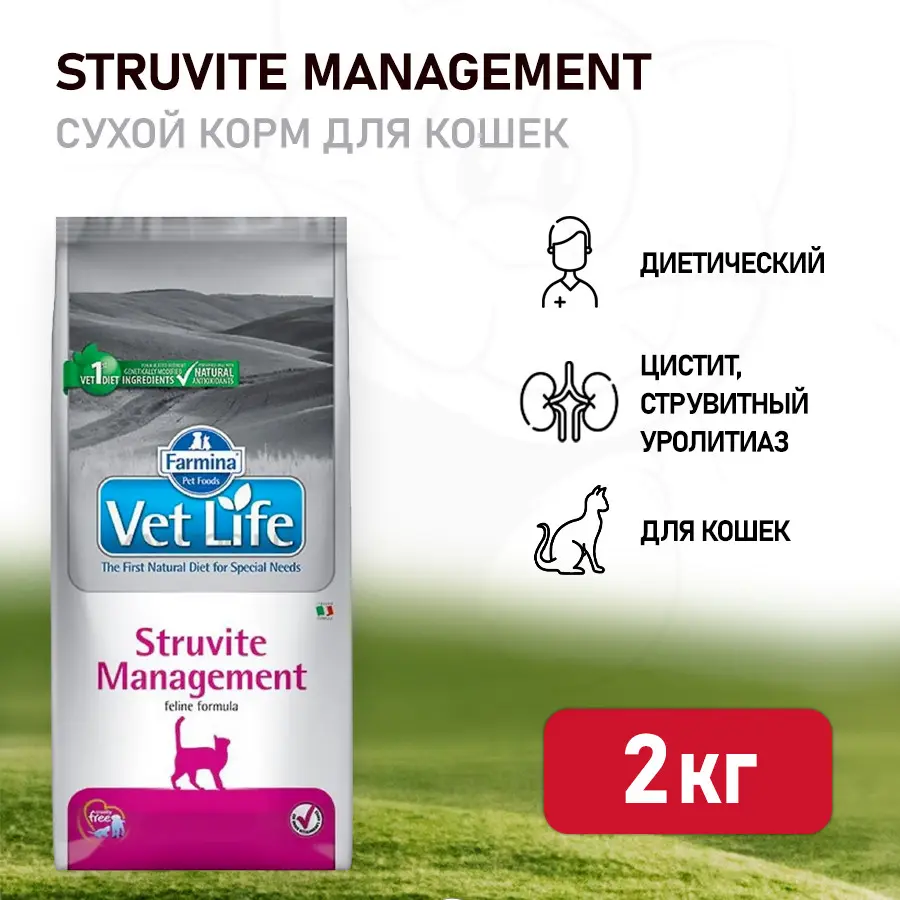 Farmina vet life cat struvite management сухой корм для взрослых кошек при рецидивах мкб струвитного типа - 2 кг фото Farmina vet life cat struvite management сухой корм для взрослых кошек при рецидивах мкб струвитного типа - 2 кг в интернет-зоомагазине Pets Room