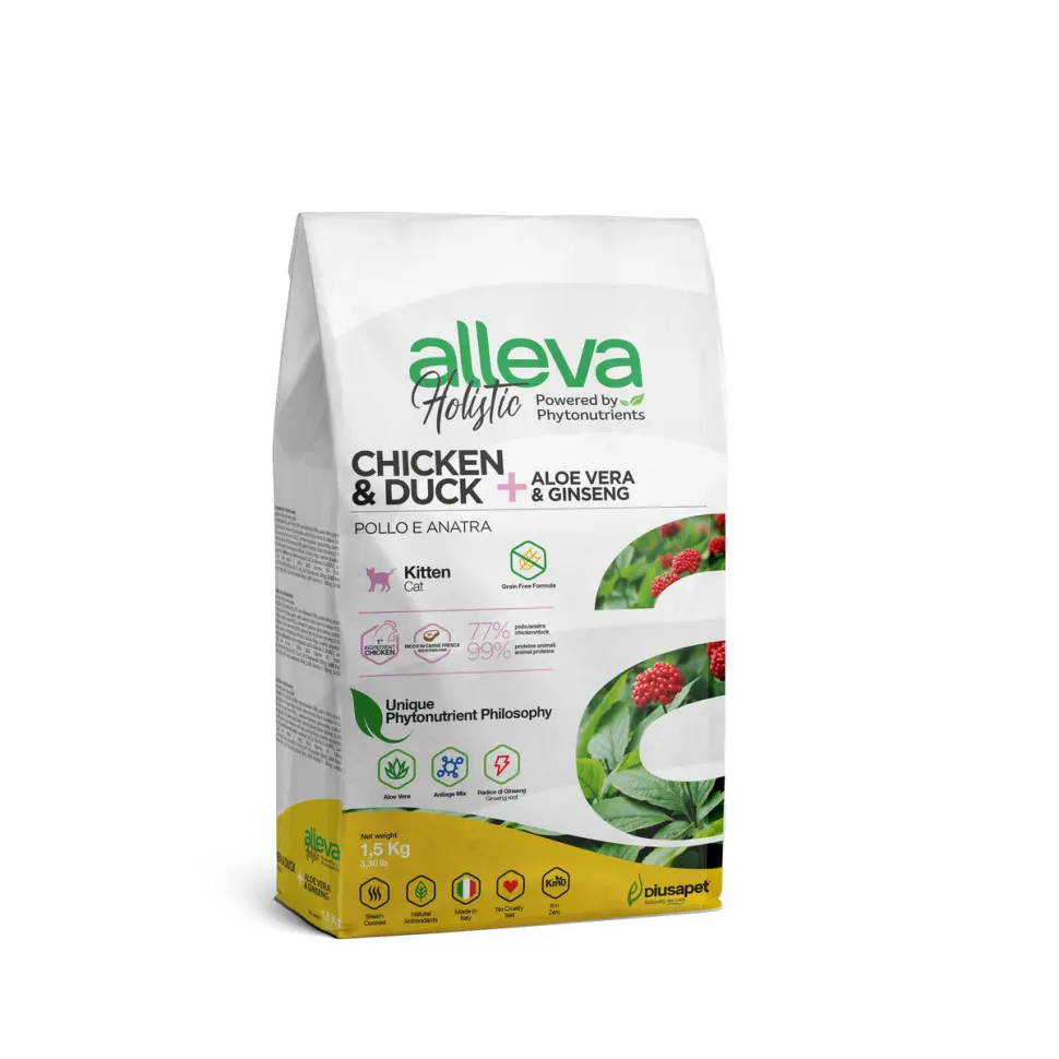 Alleva holistic kitten сухой корм для котят с курицей и уткой, алое вера и женьшенем - 1,5 кг в интернет-зоомагазине Pets Room