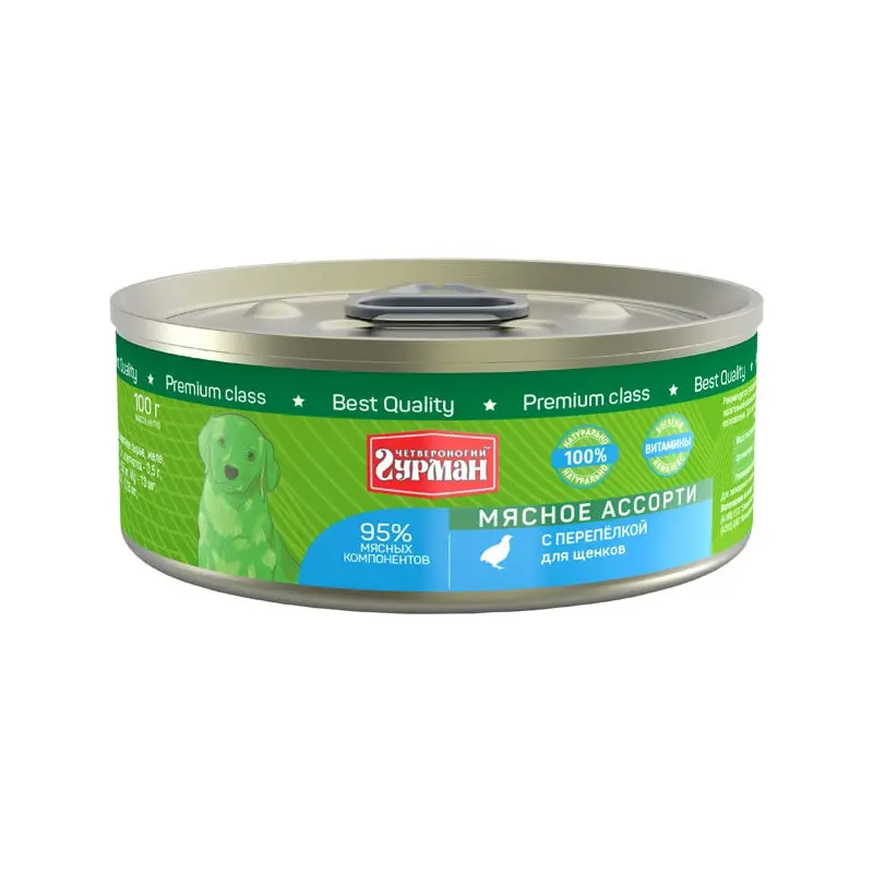 Четвероногий гурман кон.д/щенков мясное ассорти с перепелкой 100г в интернет-зоомагазине Pets Room