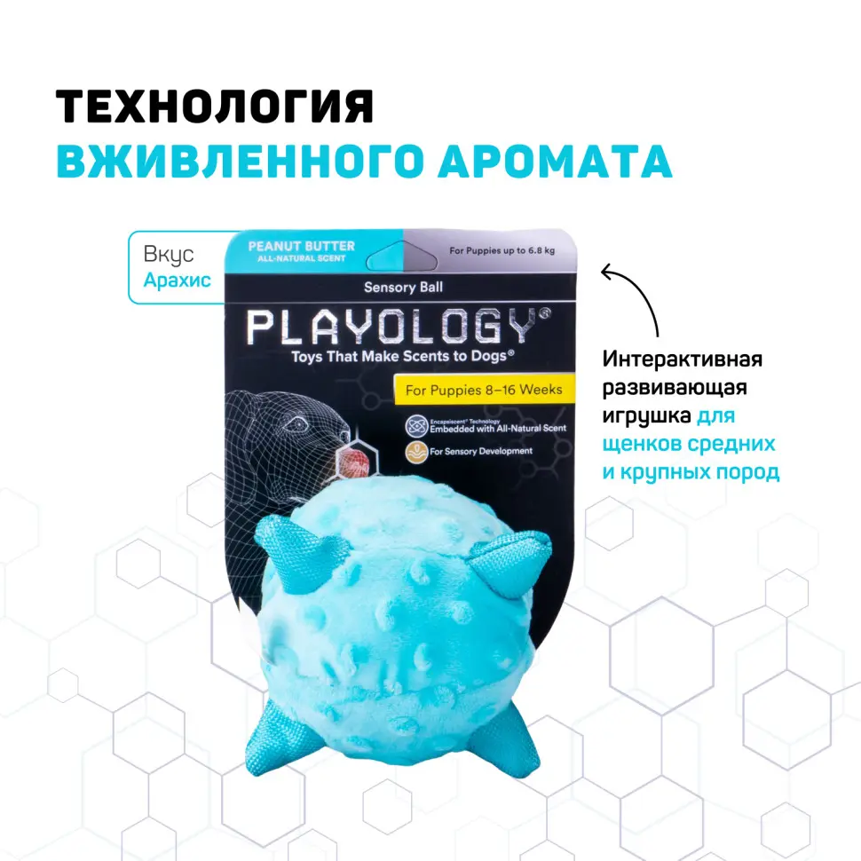 Playology puppy sensory ball сенсорный плюшевый мяч для щенков с ароматом арахиса, 15 см, голубой в интернет-зоомагазине Pets Room