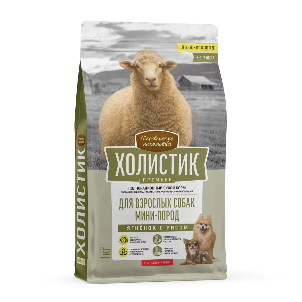 Деревенские лакомства холистик премьер сухой корм для взрослых собак мелких пород с ягненком и рисом - 1 кг в интернет-зоомагазине Pets Room