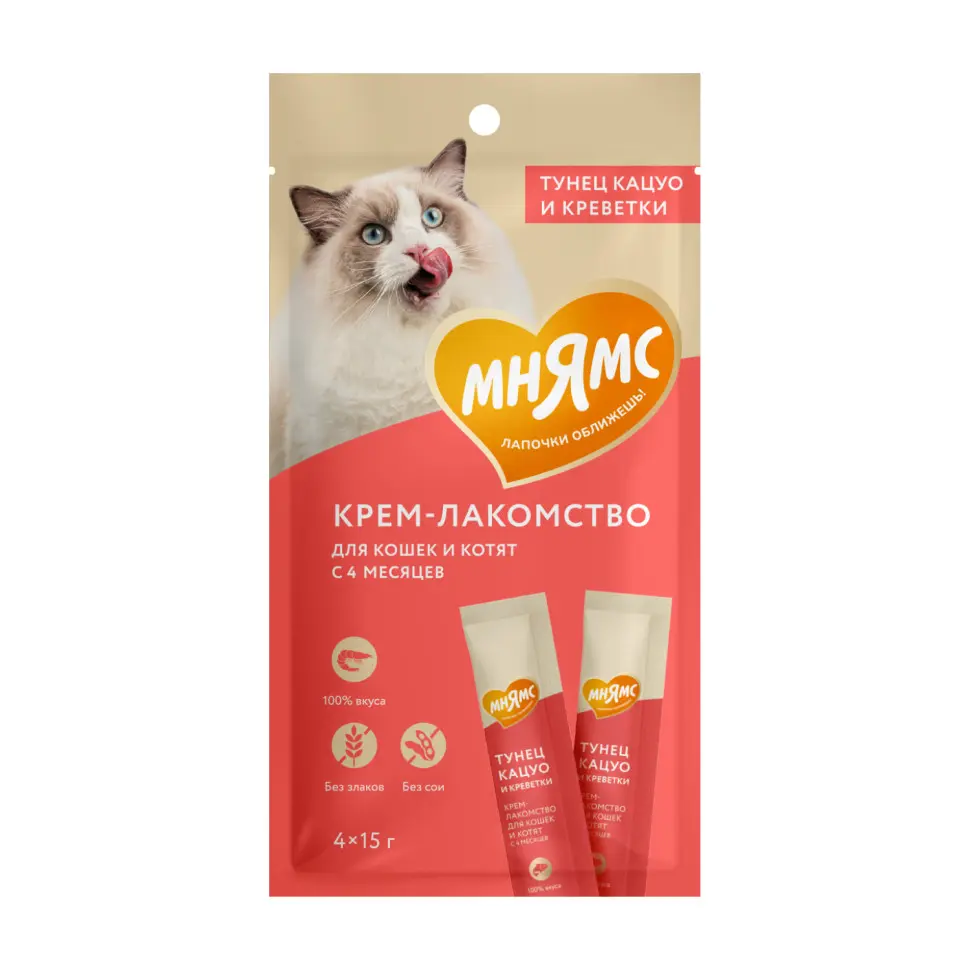 Мнямс крем-лакомство для кошек с тунцом кацуо и креветками - 15 г х 4 шт в интернет-зоомагазине Pets Room