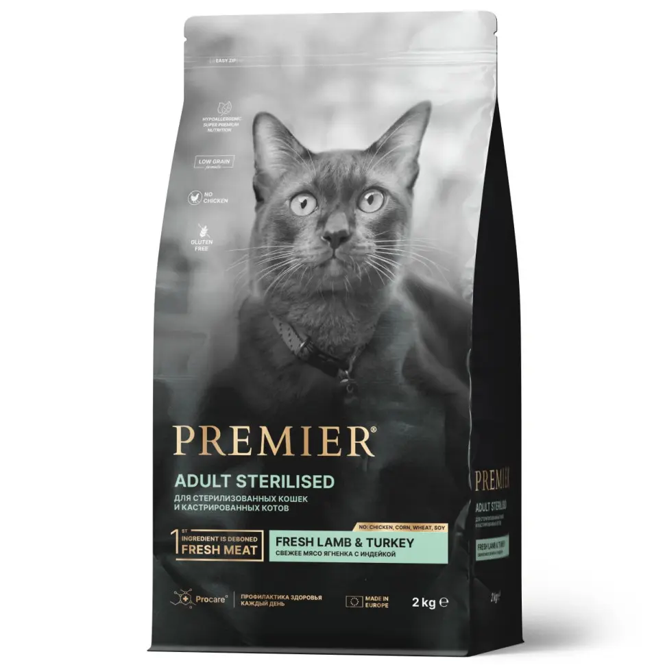 Premier cat lamb & turkey sterilised сухой корм для взрослых стерилизованных кошек, свежее мясо ягненка с индейкой - 2 кг в интернет-зоомагазине Pets Room