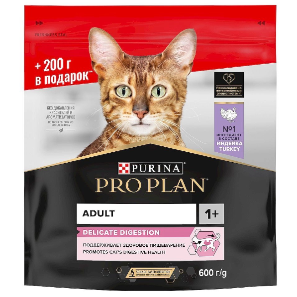 Pro plan 400 г + 200 г сухой корм для взрослых кошек с чувствительным пищеварением или особыми предпочтениями в еде, с высоким содержанием индейки в интернет-зоомагазине Pets Room