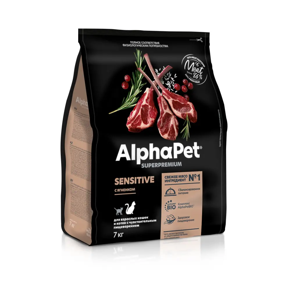 Alphapet superpremium полнорационный сухой корм для взрослых кошек с чувствительным пищеварением, с ягненком - 7 кг в интернет-зоомагазине Pets Room