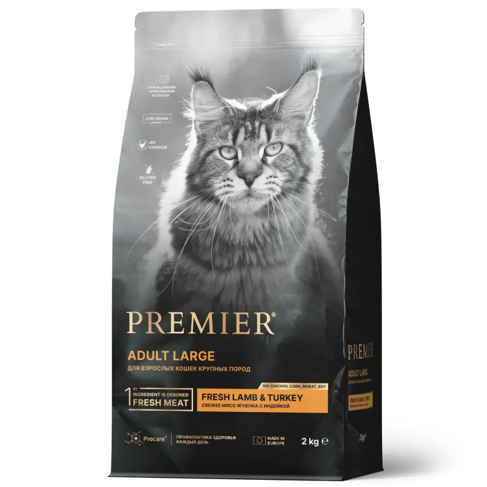 Premier cat adult large lamb&turkey сухой корм для взрослых кошек крупных пород со свежим мясом ягненка и индейкой - 2 кг в интернет-зоомагазине Pets Room