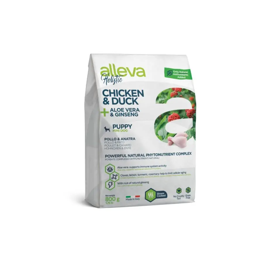 Alleva holistic puppy/junior chicken & duck mini сухой корм для щенков и юниоров с курицей и уткой, алое вера и женьшенем - 800 г в интернет-зоомагазине Pets Room