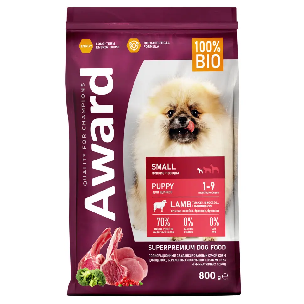 Award сухой корм для щенков мелких и миниатюрных пород от 1 месяца, беременных и кормящих сук, с ягненком, индейкой, брокколи и брусникой - 800 г в интернет-зоомагазине Pets Room