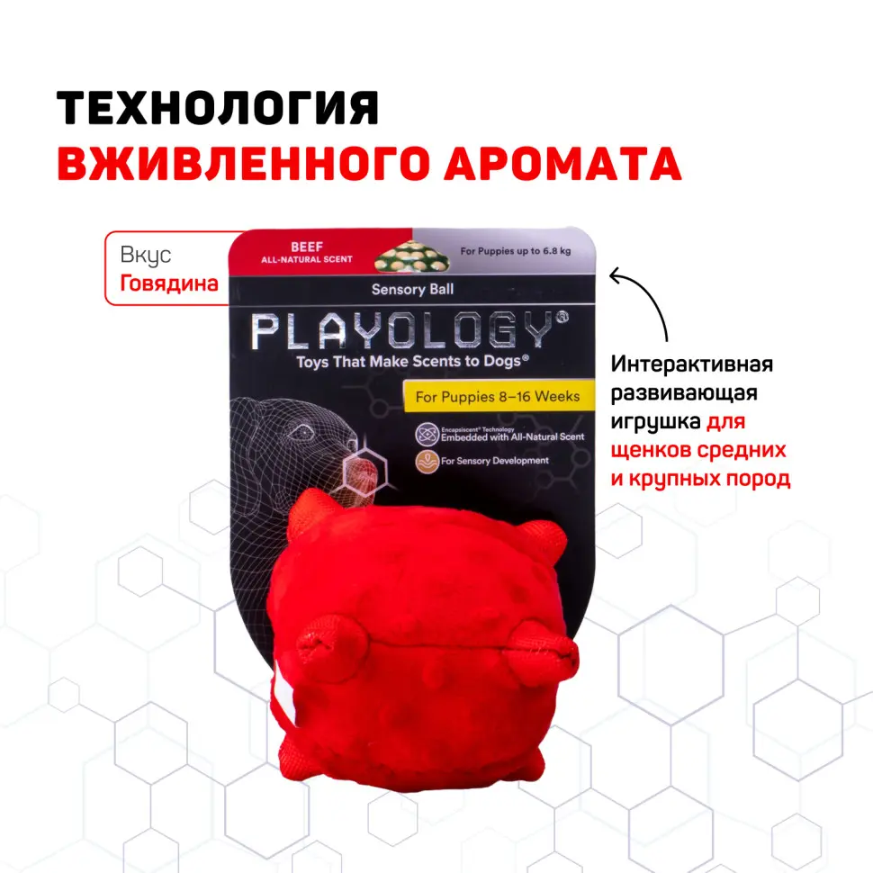 Playology puppy sensory ball сенсорный плюшевый мяч для щенков с ароматом говядины, 11 см, красный в интернет-зоомагазине Pets Room
