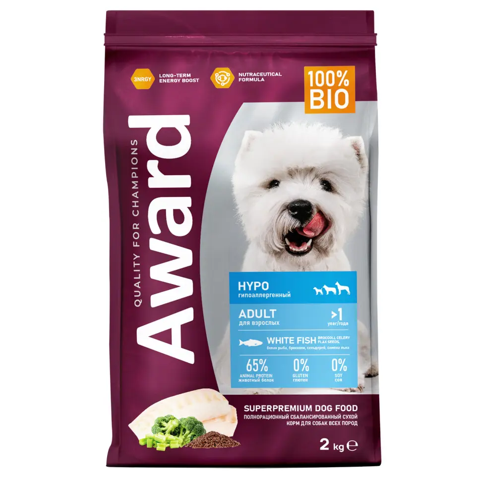 Award hypo сухой корм для взрослых собак всех пород, с белой рыбой, брокколи, сельдереем и семенами льна - 2 кг в интернет-зоомагазине Pets Room
