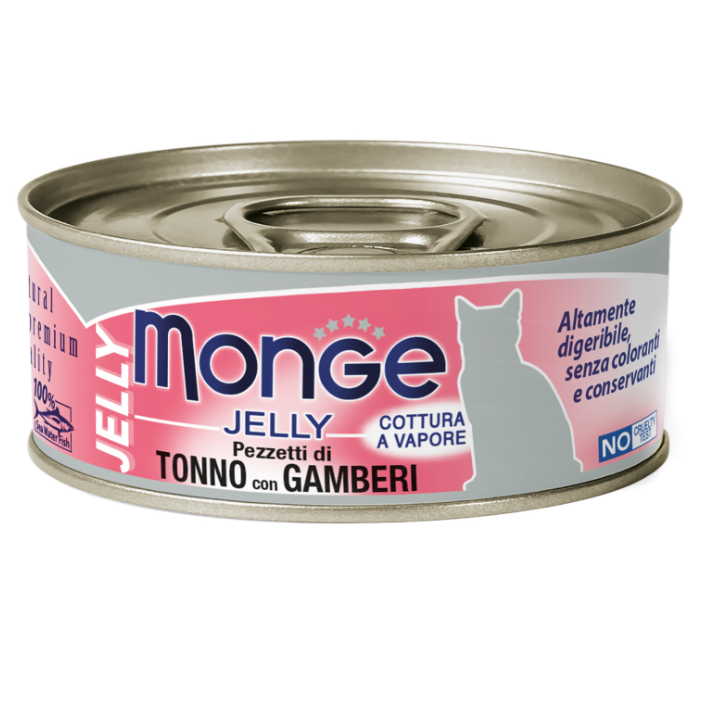 Monge jelly влажный корм для взрослых кошек с желтоперым тунцом и креветками, консервы 80 г в интернет-зоомагазине Pets Room