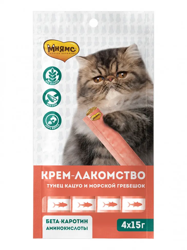 Крем-лакомство мнямс для кошек с тунцом кацуо и морским гребешком - 60 г в интернет-зоомагазине Pets Room