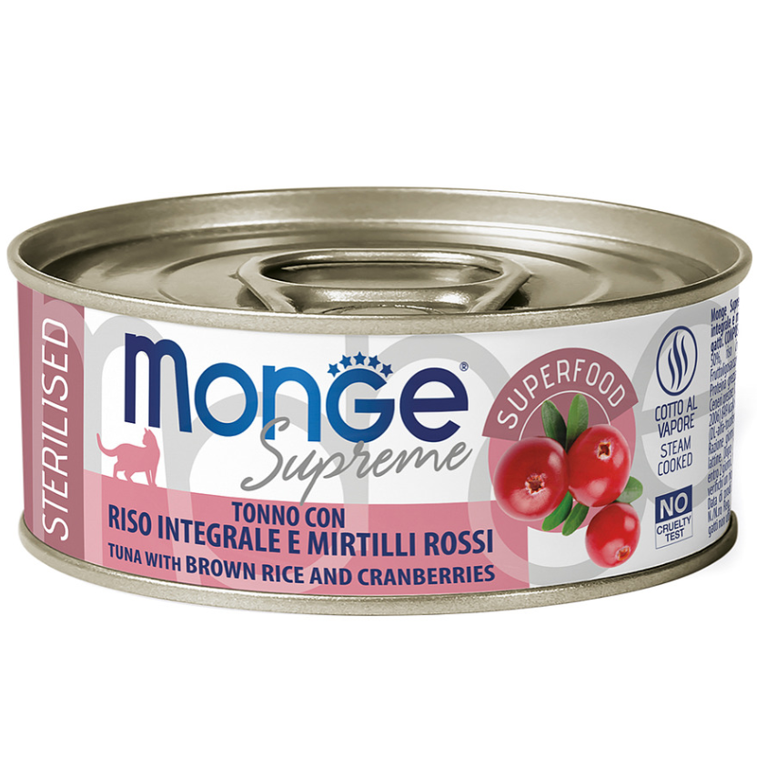 Monge supreme влажный корм для стерилизованных кошек из тунца с бурым рисом и клюквой, консервы 80 г в интернет-зоомагазине Pets Room