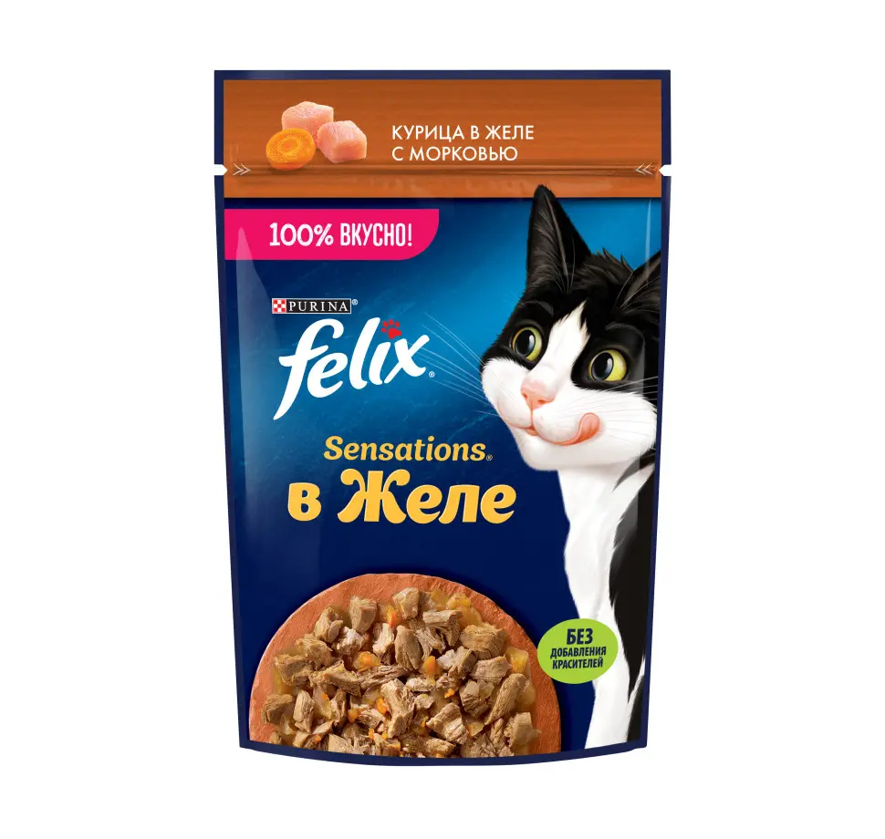 Felix sensations влажный корм для кошек, с курицей в желе с морковью пауч 75 г в интернет-зоомагазине Pets Room