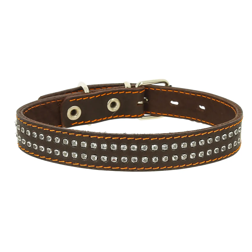 Ошейник кожаный двойной со стразами ширина 25мм (обхв.шеи 39-46см) в интернет-зоомагазине Pets Room