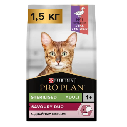 Pro plan 1,5 кг сухой корм для взрослых стерилизованных кошек и кастрированных котов, с высоким содержанием утки и печени в интернет-зоомагазине Pets Room