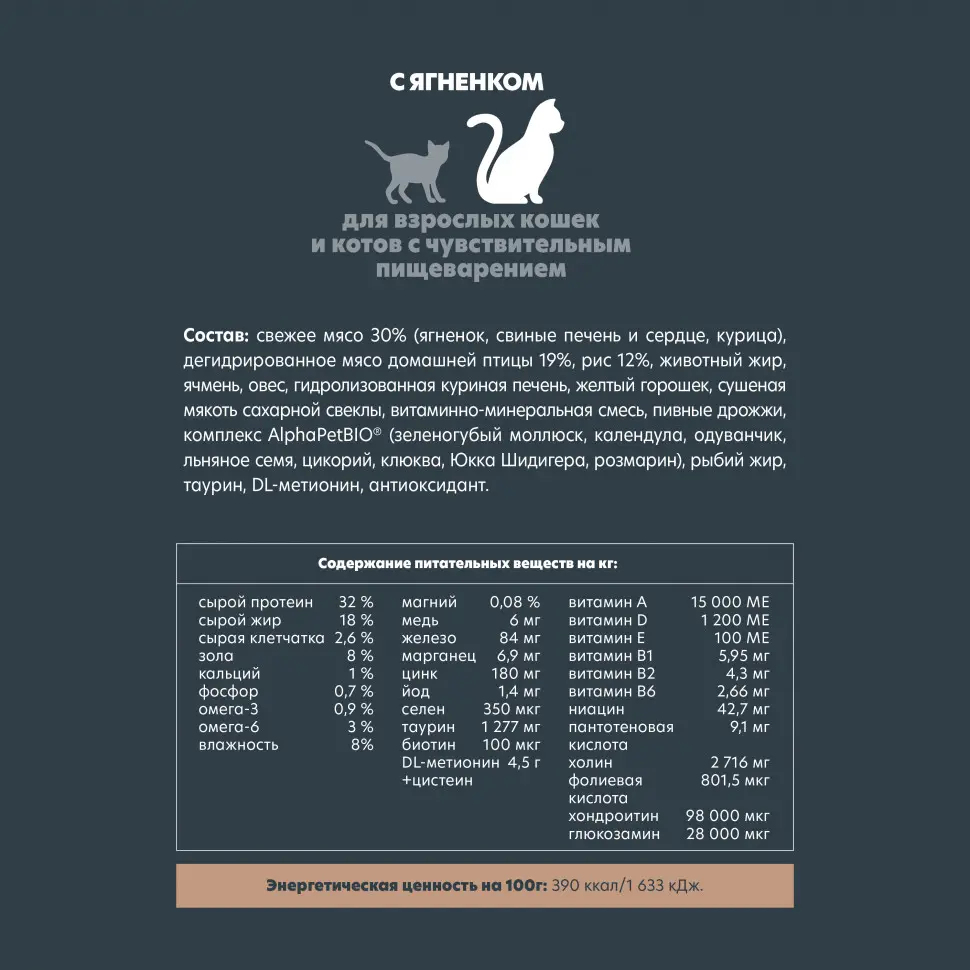 Alphapet superpremium сухой полнорационный корм для взрослых кошек и котов с чувствительным пищеварением с ягненком - 400 г в интернет-зоомагазине Pets Room