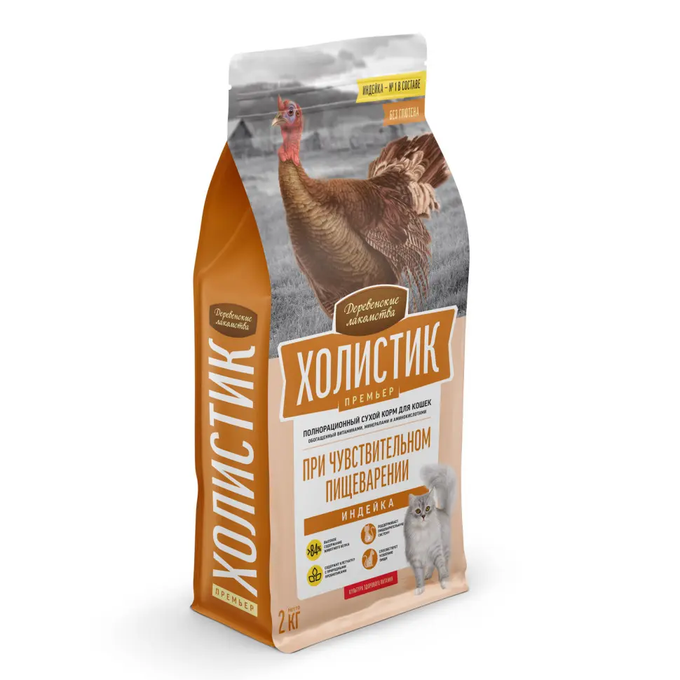 Деревенские лакомства холистик премьер сухой корм для кошек при чувствительном пищеварении, с индейкой - 2 кг в интернет-зоомагазине Pets Room