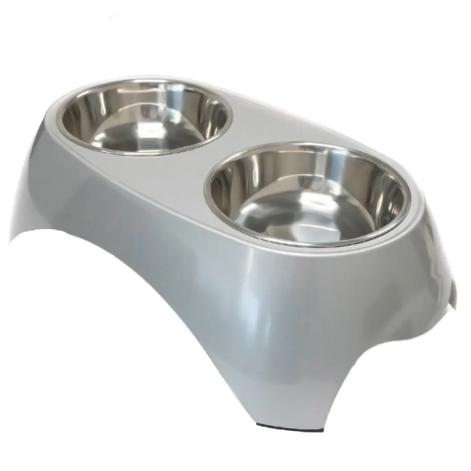 Superdesign миска на меламиновой подставке двойная металлик, 2х700 мл, белая в интернет-зоомагазине Pets Room