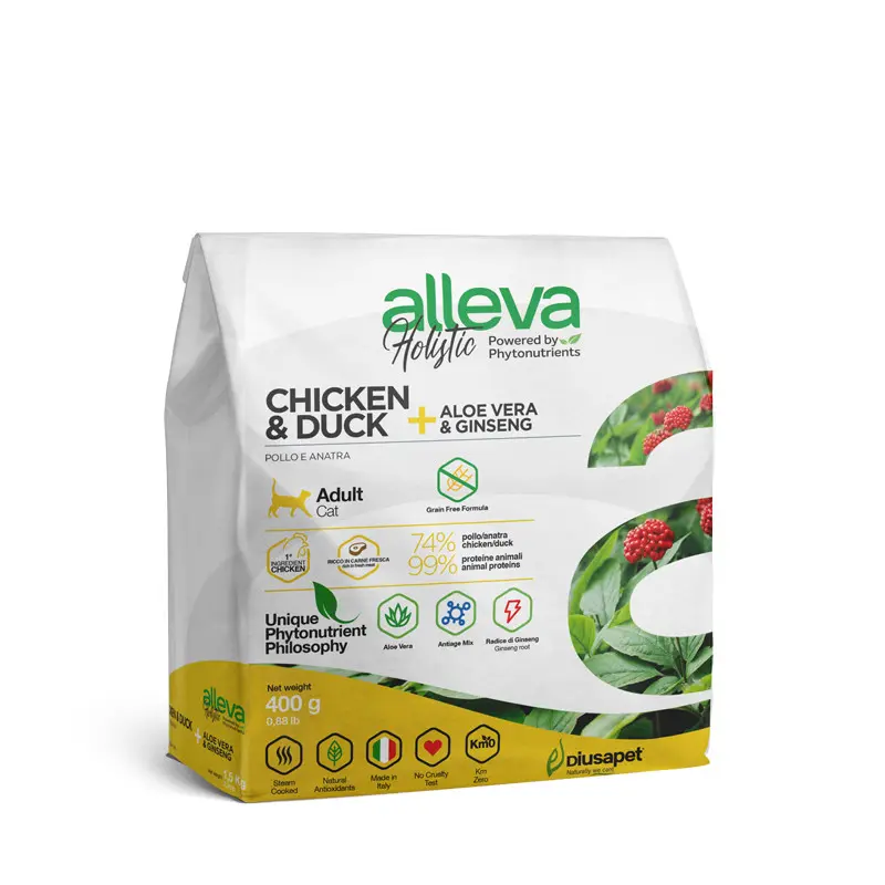 Alleva holistic cat adult chicken & duck сухой корм для взрослых кошек с курицей и уткой, алое вера и женьшенем - 400 г в интернет-зоомагазине Pets Room