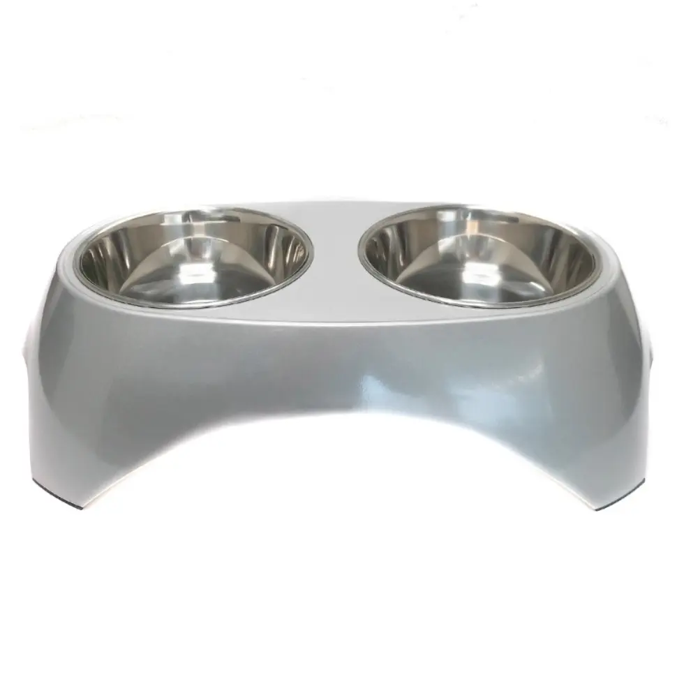 Superdesign миска на меламиновой подставке двойная металлик, 2х700 мл, белая в интернет-зоомагазине Pets Room