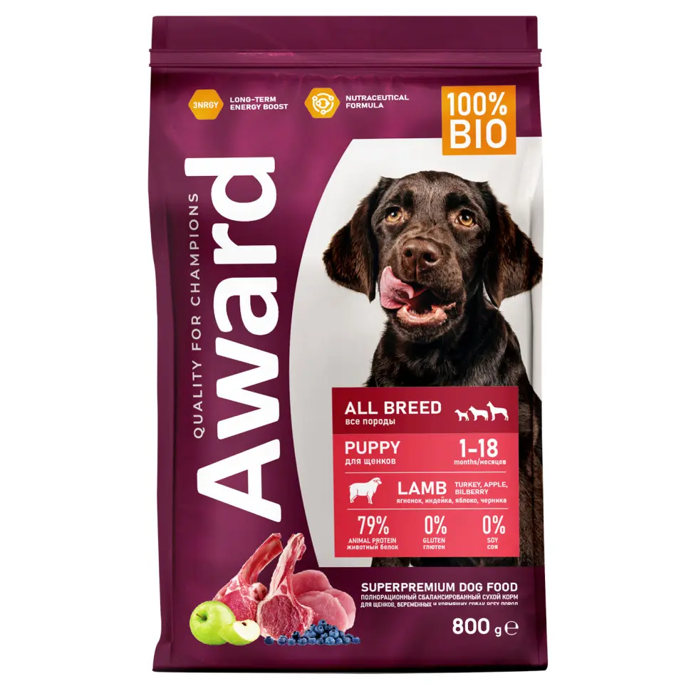 Award сухой корм для щенков всех пород от 1 месяца, беременных и кормящих сук, с ягненком, индейкой, яблоком и черникой - 800 г в интернет-зоомагазине Pets Room