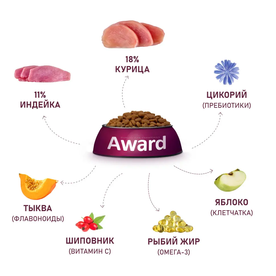 Award сухой корм для взрослых собак крупных пород, с курицей, индейкой, тыквой и шиповником - 2 кг в интернет-зоомагазине Pets Room