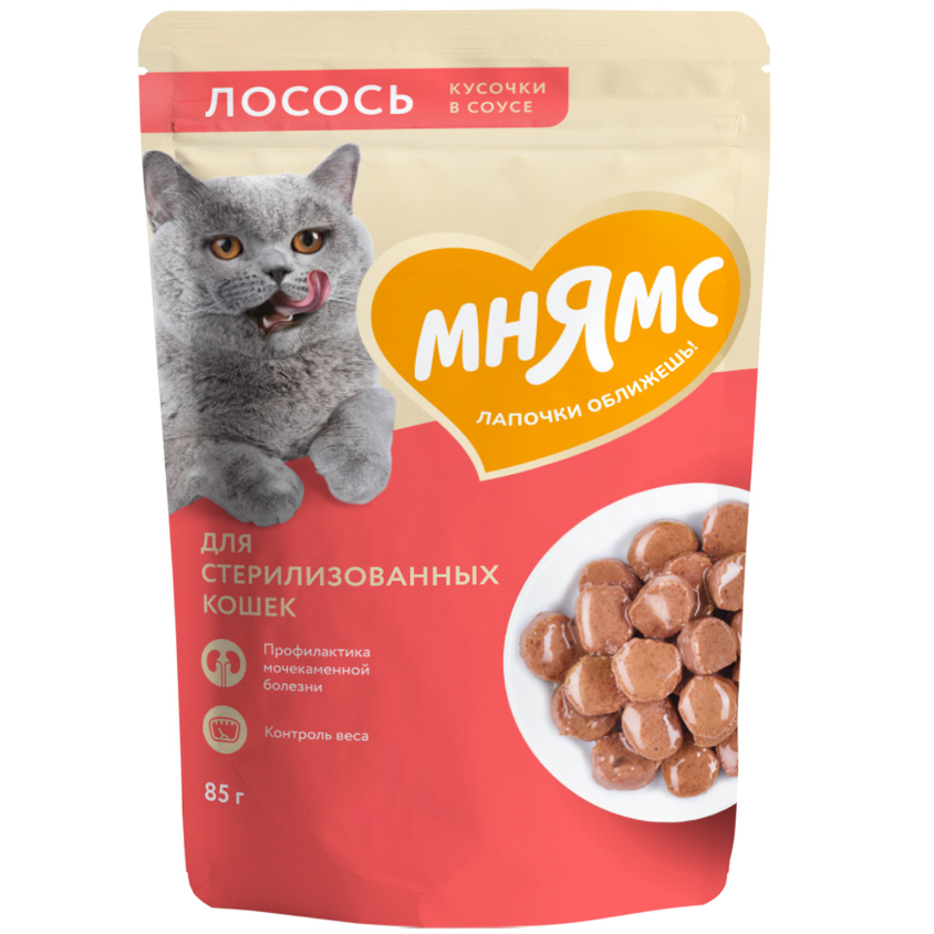 Влажный корм мнямс кусочки в соусе с лососем для стерилизованных кошек 85г в интернет-зоомагазине Pets Room