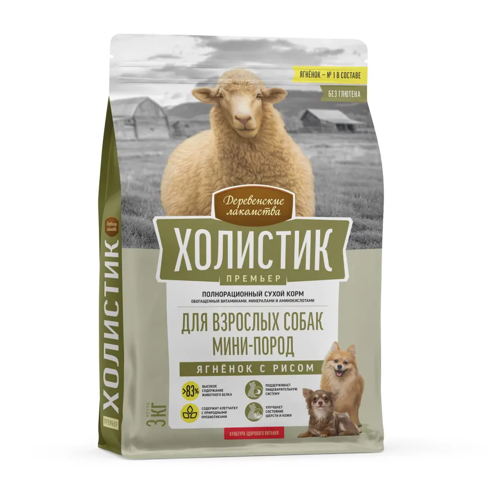 Деревенские лакомства холистик премьер сухой корм для взрослых собак мелких пород с ягненком и рисом - 3 кг в интернет-зоомагазине Pets Room