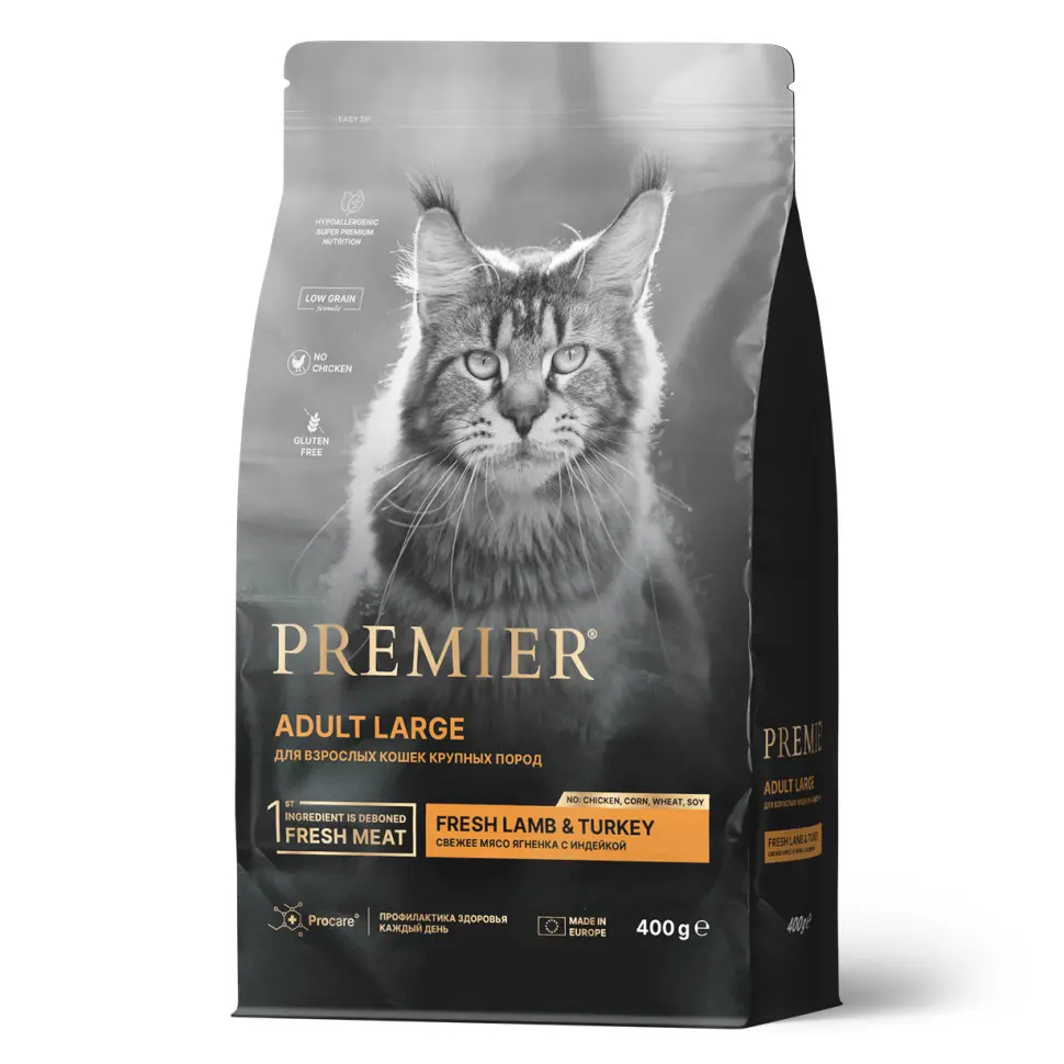 Premier cat adult large lamb&turkey сухой корм для взрослых кошек крупных пород со свежим мясом ягненка и индейкой - 400 г в интернет-зоомагазине Pets Room