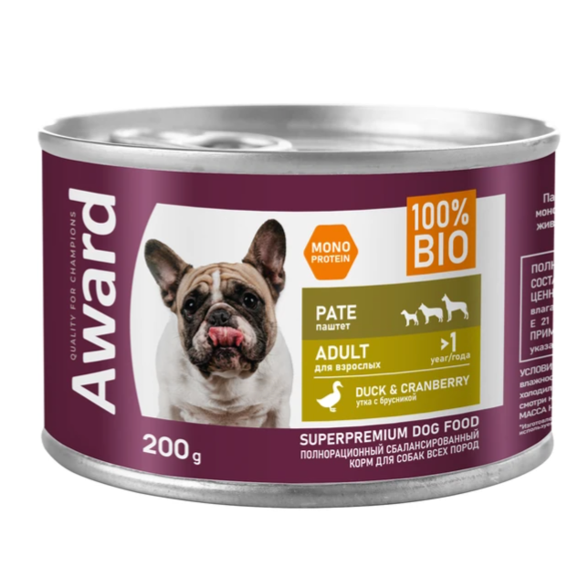 Влажный корм award для взрослых собак паштет из утки с брусникой 200г (35001) в интернет-зоомагазине Pets Room